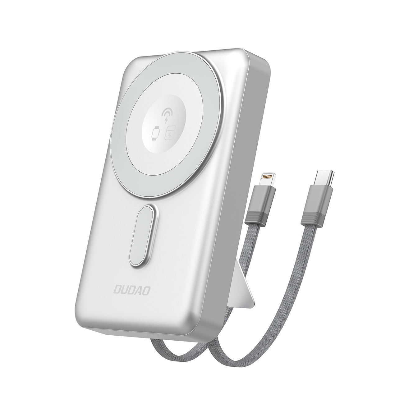 Dudao išorinė baterija K29 10000mAh PD 20W MagSafe su metaliniu korpusu, stovu ir integruotais USB-C/Lightning laidais - sidabrinis