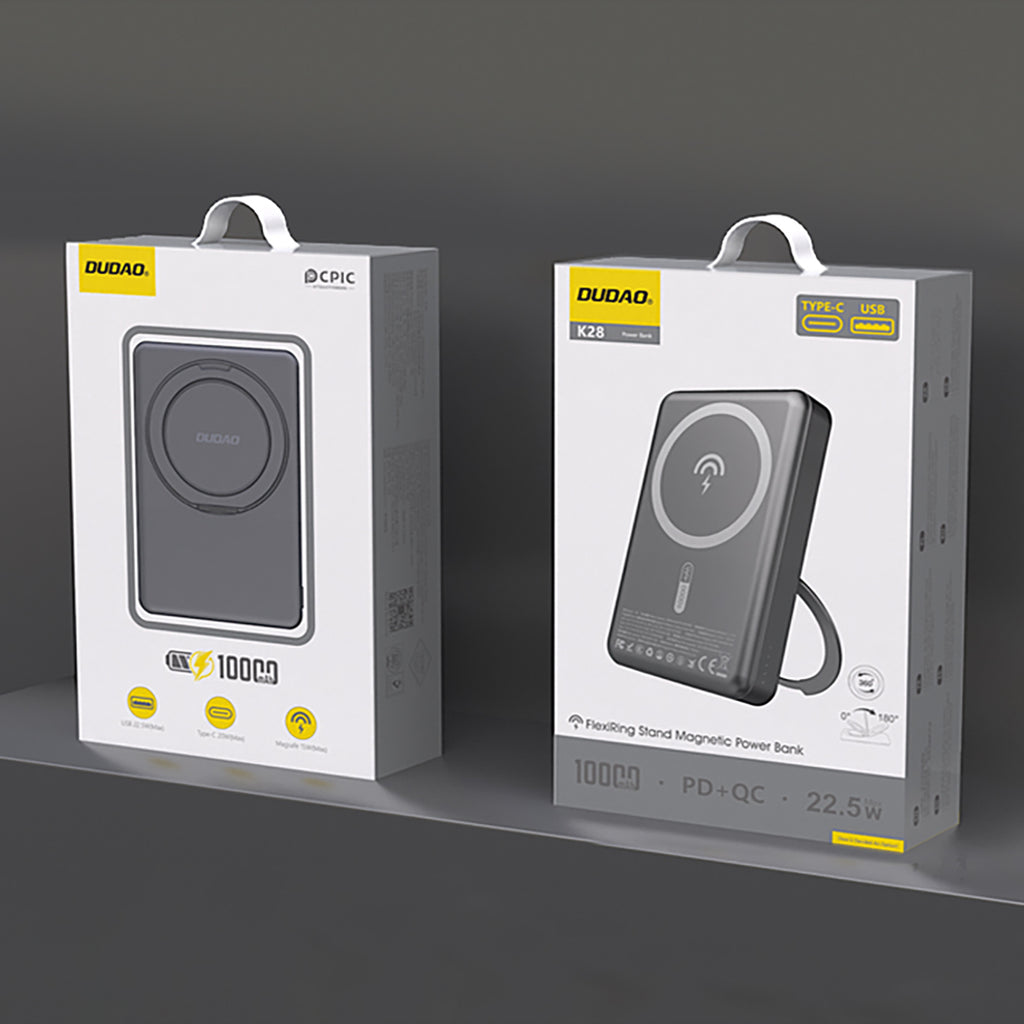 Dudao išorinė baterija K28 10000mAh PD 22.5W MagSafe su metaliniu korpusu ir žiedo stovu - pilkas