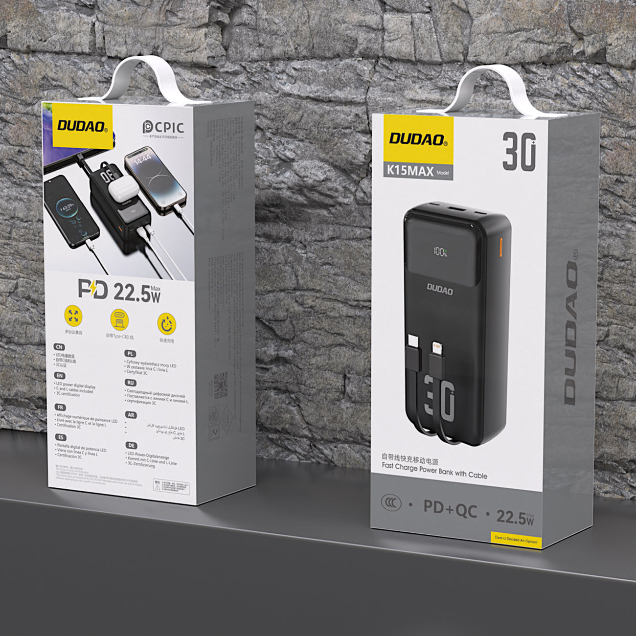 Dudao Išorinė baterija K15MAX 30000mAh PD 22.5W su integruotais laidais - juodas