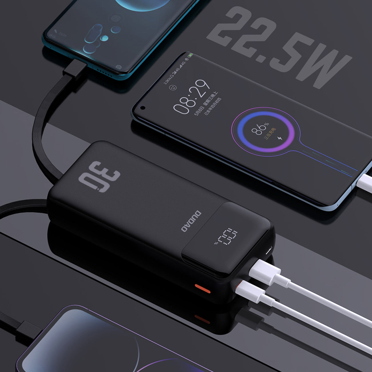 Dudao Išorinė baterija K15MAX 30000mAh PD 22.5W su integruotais laidais - juodas