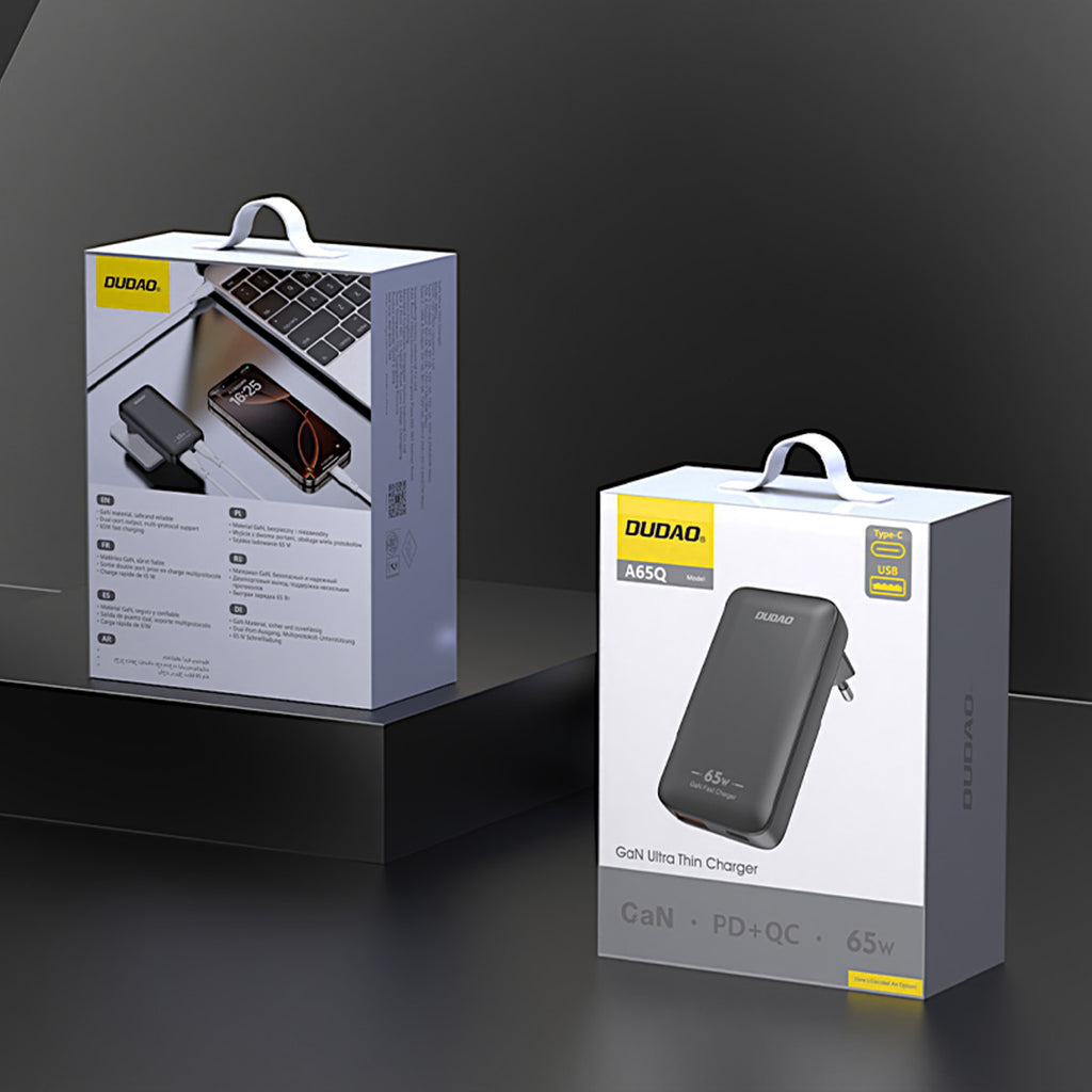 Dudao kelioninis sieninis įkroviklis A65Q 65W GaN USB-A / USB-C PD itin plonas EU / US - juodas