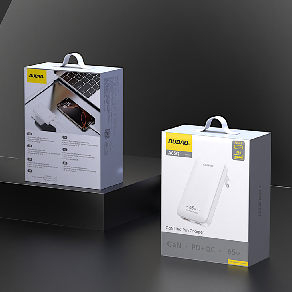 Dudao kelioninis sieninis įkroviklis A65Q 65W GaN USB-A / USB-C PD itin plonas EU / US - baltas