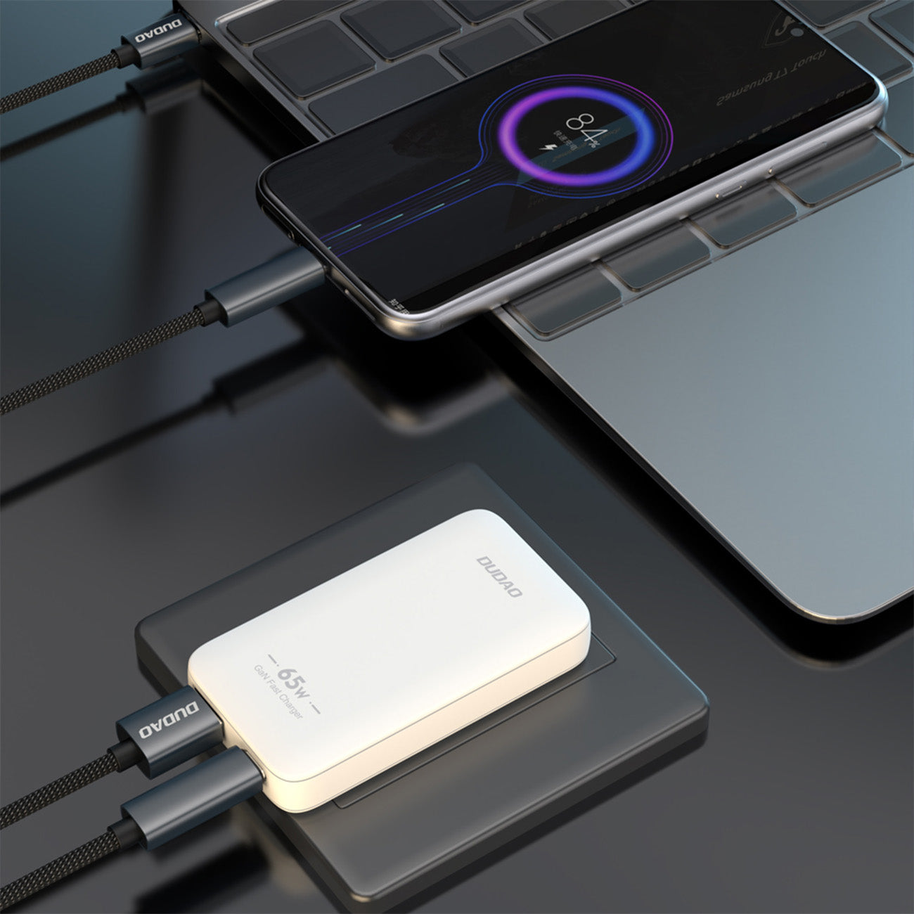 Dudao kelioninis sieninis įkroviklis A65Q 65W GaN USB-A / USB-C PD itin plonas EU / US - baltas