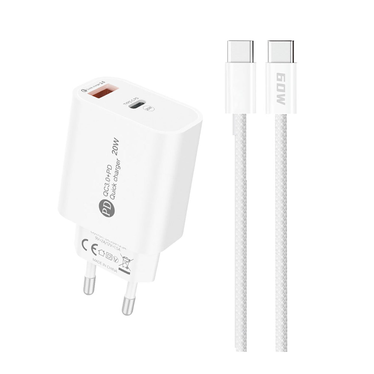 A6MaxL sieninis įkroviklis 20W USB-A USB-C su USB-C - USB-C 1m laidu - baltas