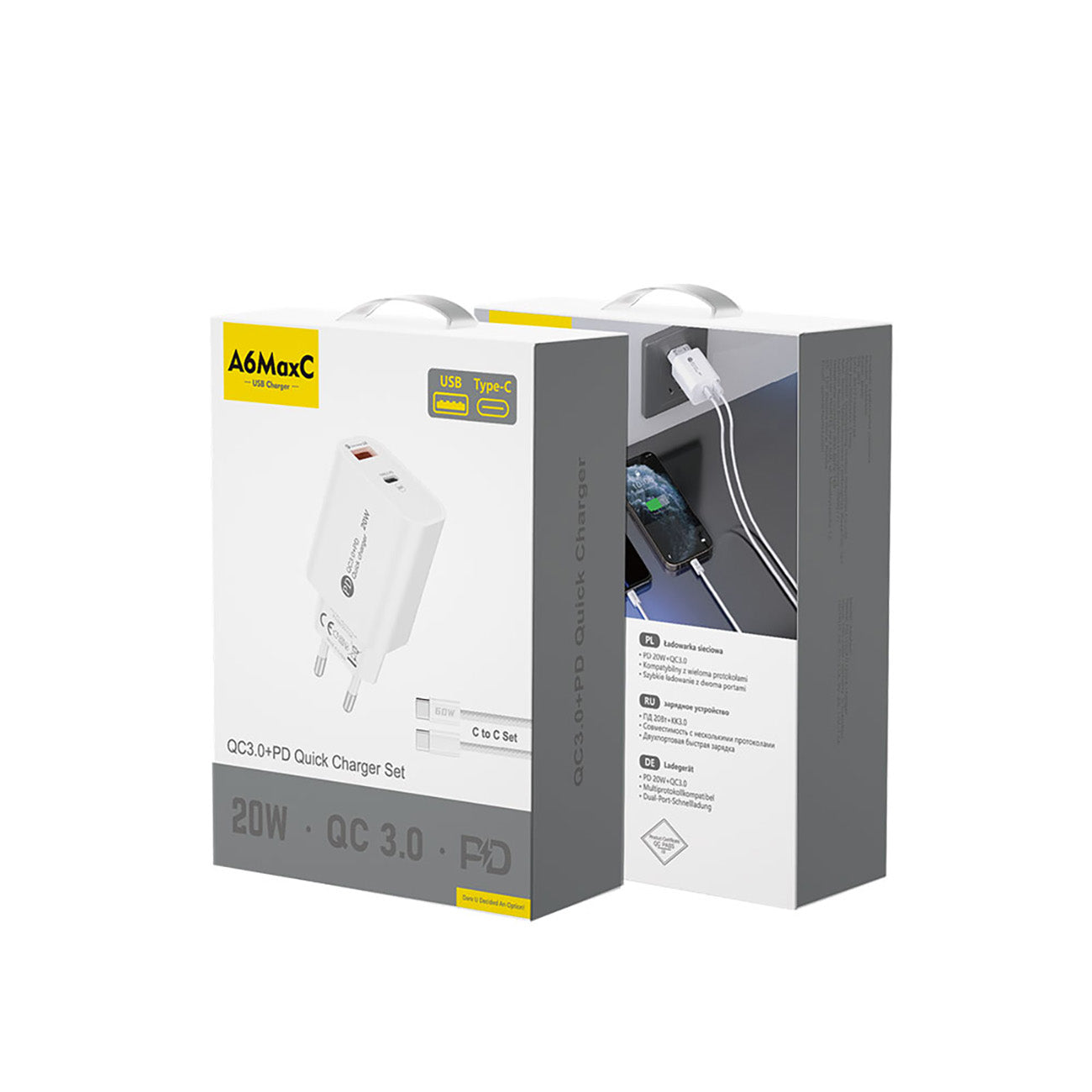 A6MaxL sieninis įkroviklis 20W USB-A USB-C su USB-C - USB-C 1m laidu - baltas