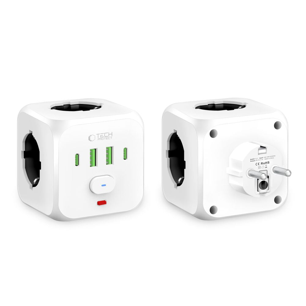 Tech-Protect PCL3x4 maitinimo ilgintuvas, 2x USB-A, 2x USB-C, 3x AC Type Schuko - baltas -- Cell phone cables