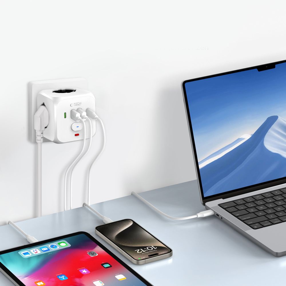 Tech-Protect PCL3x4 maitinimo ilgintuvas, 2x USB-A, 2x USB-C, 3x AC Type Schuko - baltas -- Cell phone cables