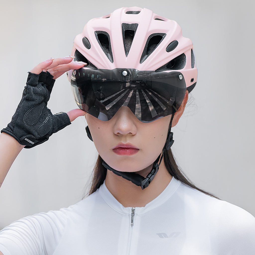 Rockbros Dviračio šalmas su vizieriu, integruotu UV apsauginiu stiklu, atskiriamu vizieriu, unisekso - Rožinis -- Bicycle...