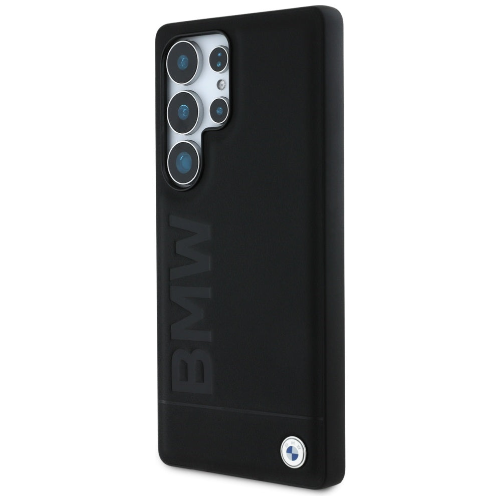 BMW Leather Big Wordmark dėklas, skirtas Samsung Galaxy S25 Ultra – juodas -- Samsung Galaxy S25 Ultra