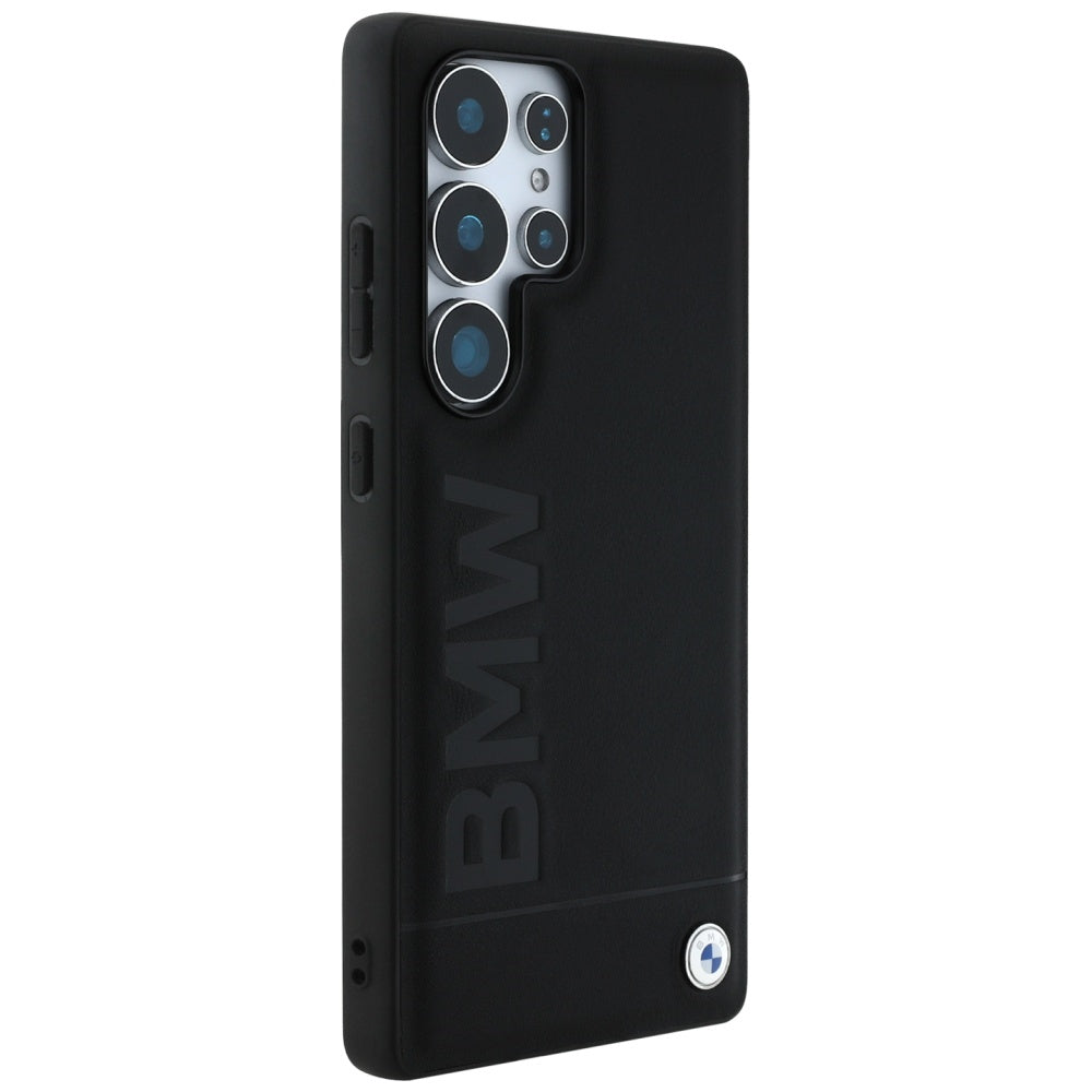 BMW Leather Big Wordmark dėklas, skirtas Samsung Galaxy S25 Ultra – juodas -- Samsung Galaxy S25 Ultra