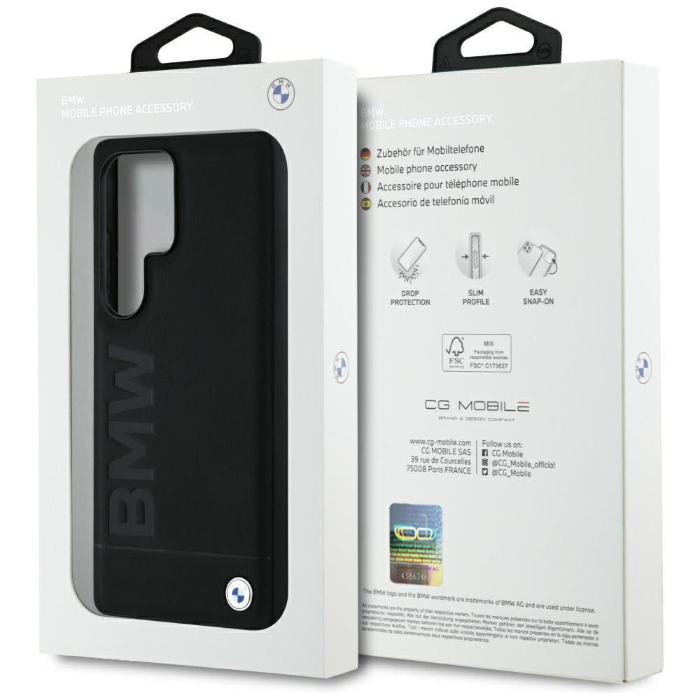 BMW Leather Big Wordmark dėklas, skirtas Samsung Galaxy S25 Ultra – juodas -- Samsung Galaxy S25 Ultra