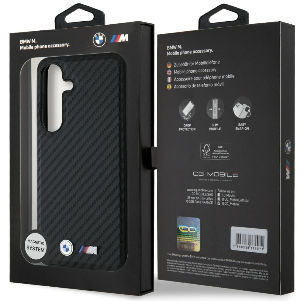 BMW Leather Carbon MagSafe dėklas Samsung Galaxy S25 – juodas
