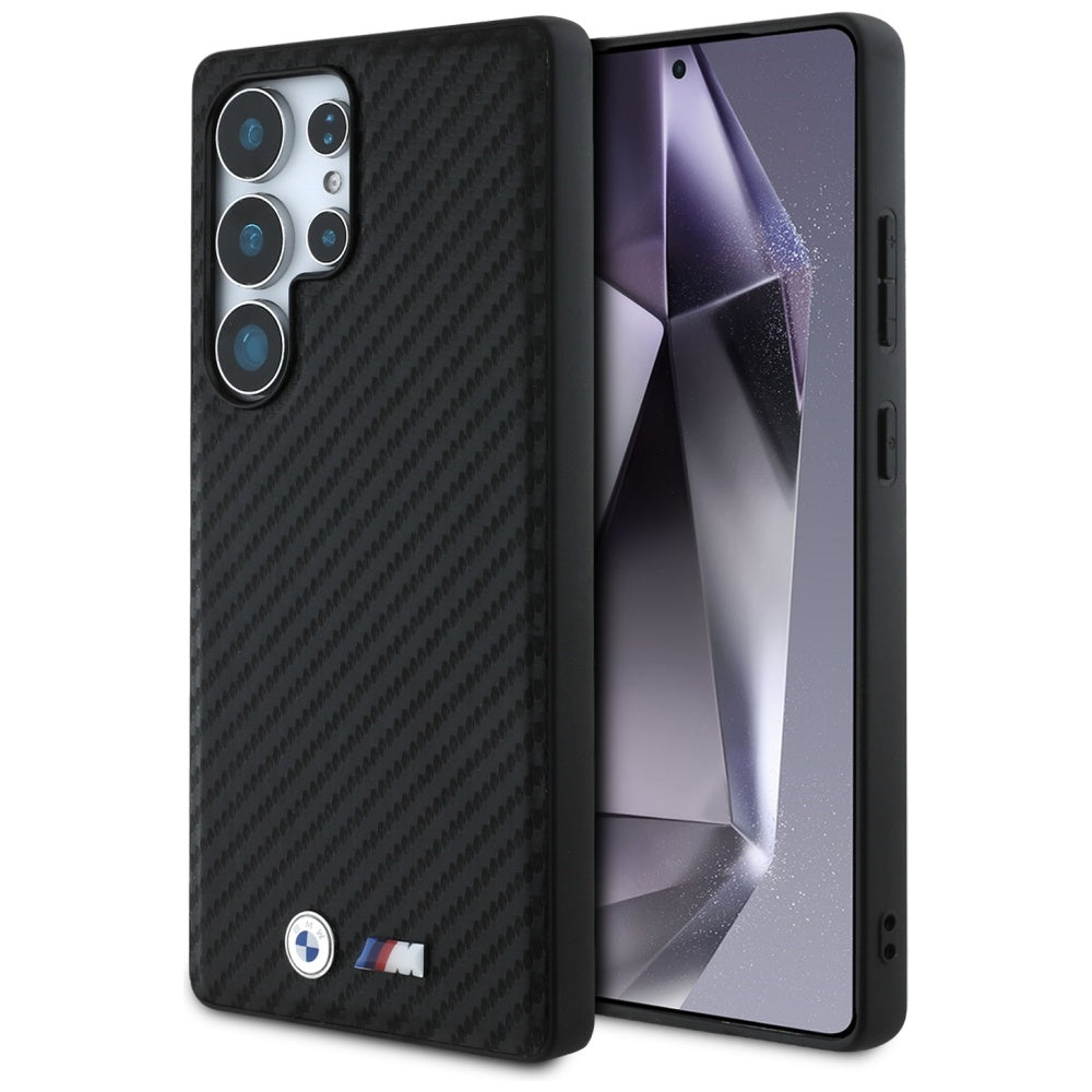 BMW Leather Carbon MagSafe dėklas, skirtas Samsung Galaxy S25 Ultra – juodas -- Samsung Galaxy S25 Ultra