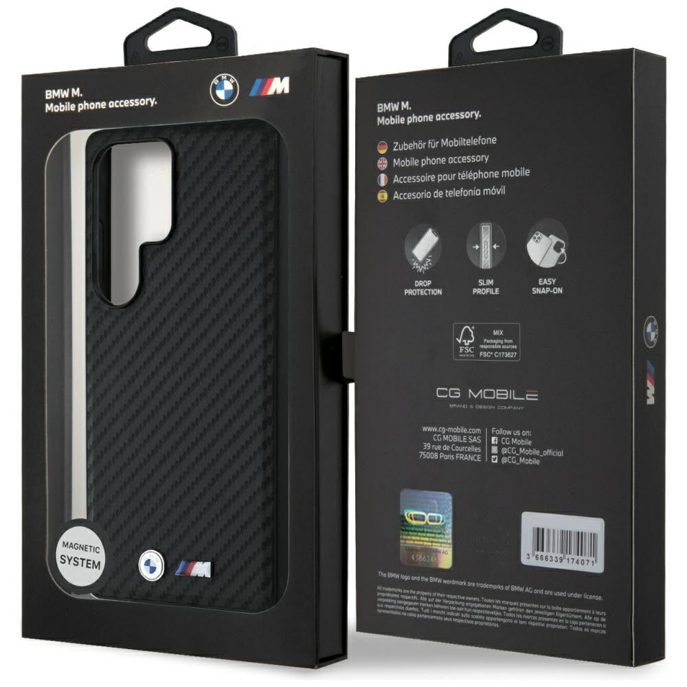 BMW Leather Carbon MagSafe dėklas, skirtas Samsung Galaxy S25 Ultra – juodas -- Samsung Galaxy S25 Ultra