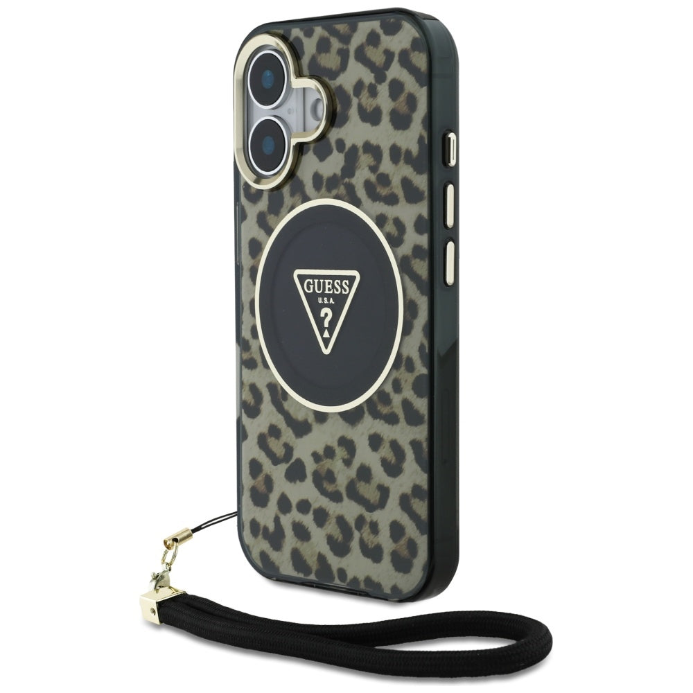 Guess MagSafe dėklas iPhone 16 – rudas su dirželiu