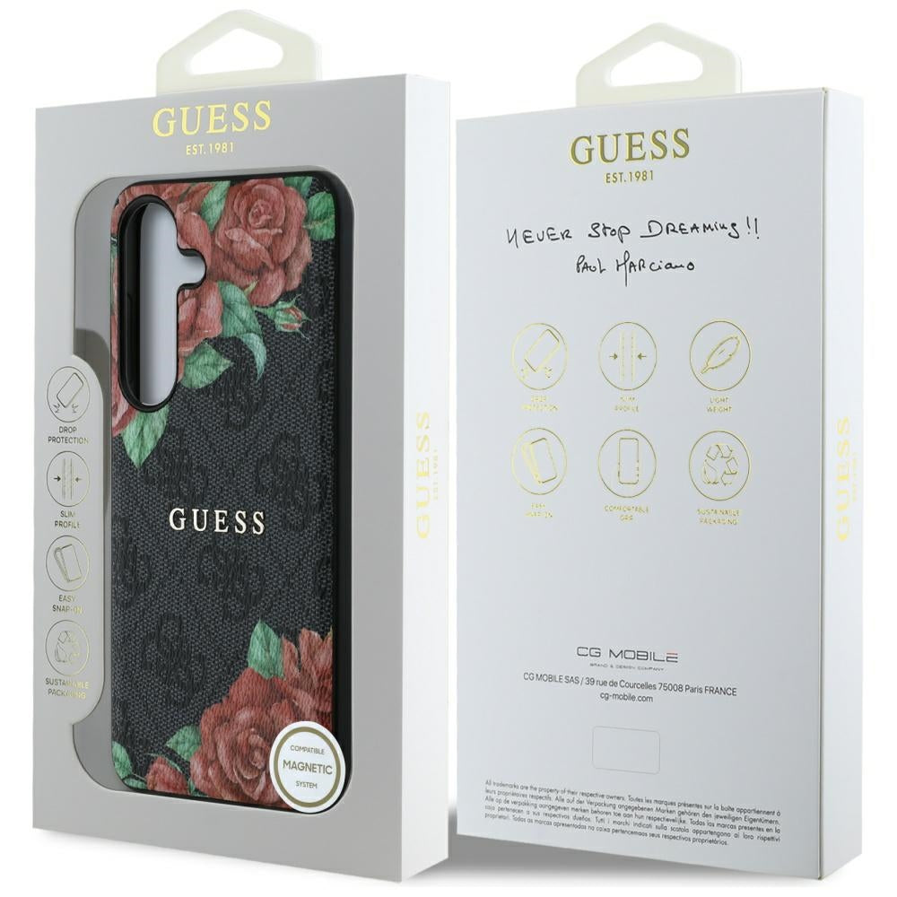 Guess MagSafe dėklas Galaxy S25 – juodas, 4G gėlės