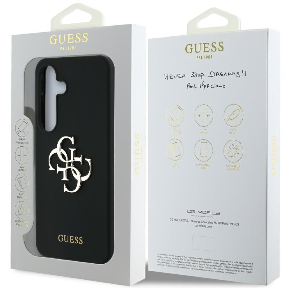 Guess Silicone Big 4G Logo Bottom Script dėklas, skirtas Samsung Galaxy S25 - juodas