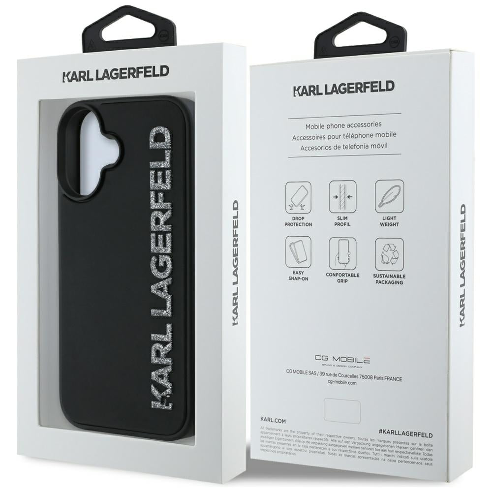 Karl Lagerfeld dėklas iPhone 16 – juodas, su blizgučiais