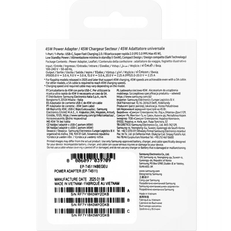 Samsung sieninis įkroviklis EP-T4511NBEGEU 45W 4.05A 1x USB-C - juodas