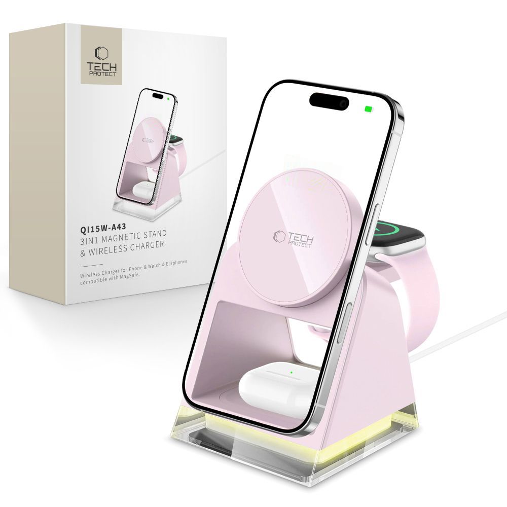 Tech-Protect 3in1 MagSafe indukcinis įkroviklis QI15W-A43 - rožinis -- Cell phone chargers