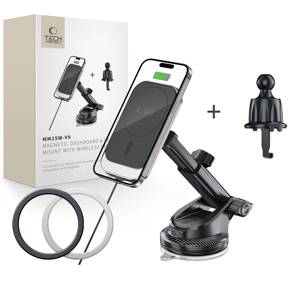 Tech-Protect MM15W-V9 automobilinis laikiklis su MagSafe prietaisų skydeliui ir oro ventiliacijos angai 15W - juodas Pirmasis paveikslėlis