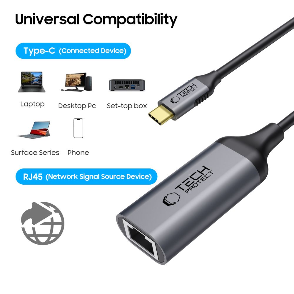 Tech-Protect UltraBoost USB-C į Ethernet RJ45 1000Mbps adapteris – juodas -- USB Adapters