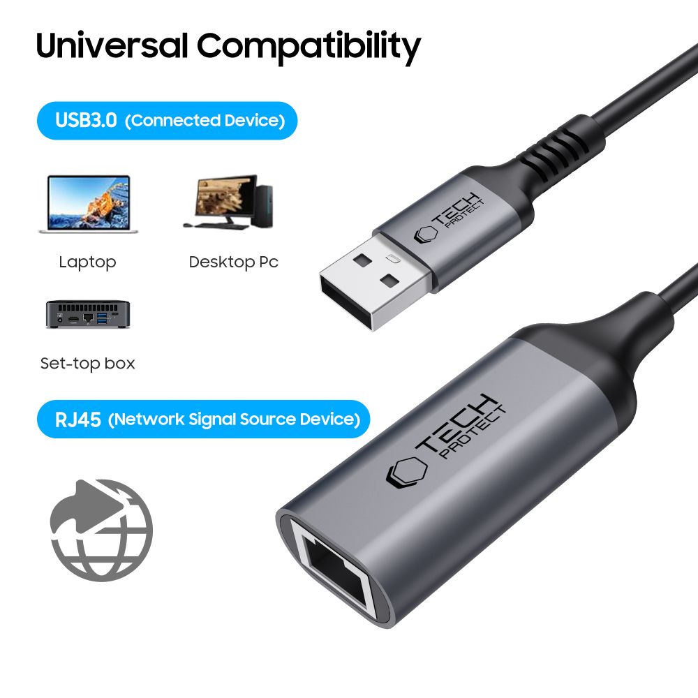 Tech-Protect UltraBoost USB-A 3.0 / Ethernet RJ45 1000Mbps adapteris – juodas -- USB Adapters