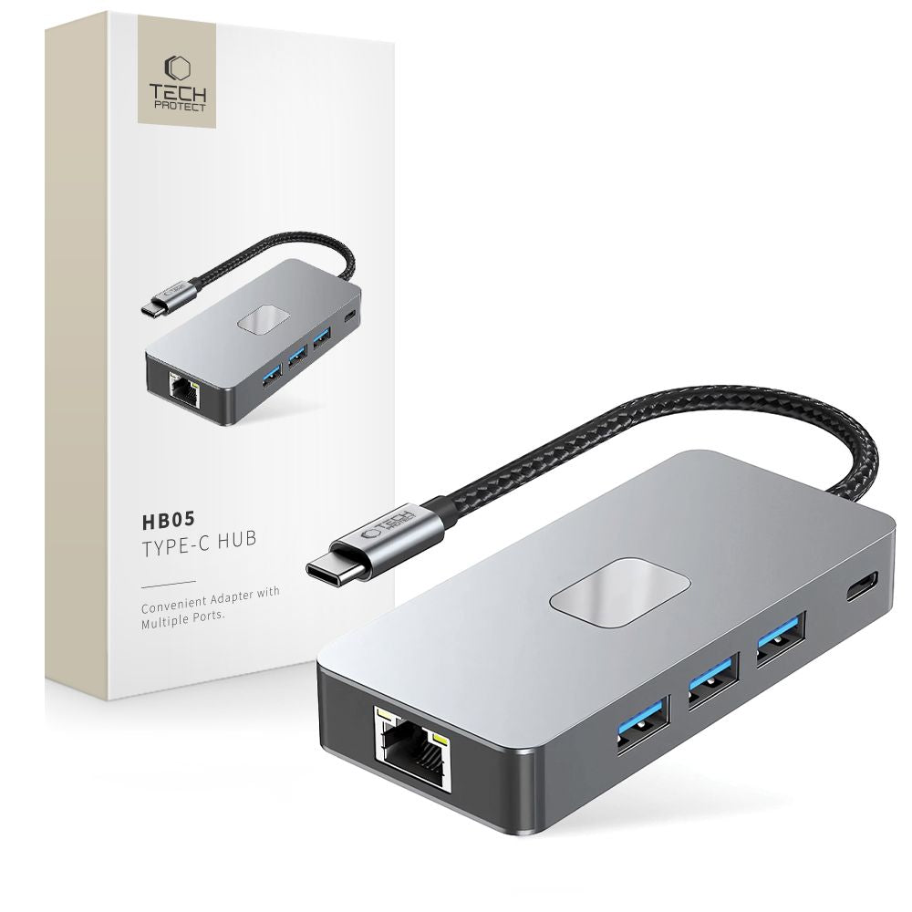 Tech-Protect HB05 HUB 9in1 USB-C + USB2.0 + USB3.0 + HDMI 4K 60HZ + SD / TF + PD100W + RJ45 adapteris - pilkas -- USB...