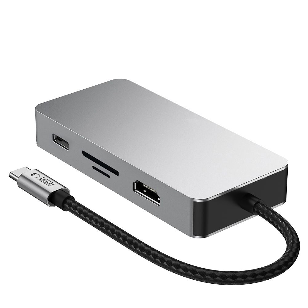 Tech-Protect HB05 HUB 9in1 USB-C + USB2.0 + USB3.0 + HDMI 4K 60HZ + SD / TF + PD100W + RJ45 adapteris - pilkas -- USB...