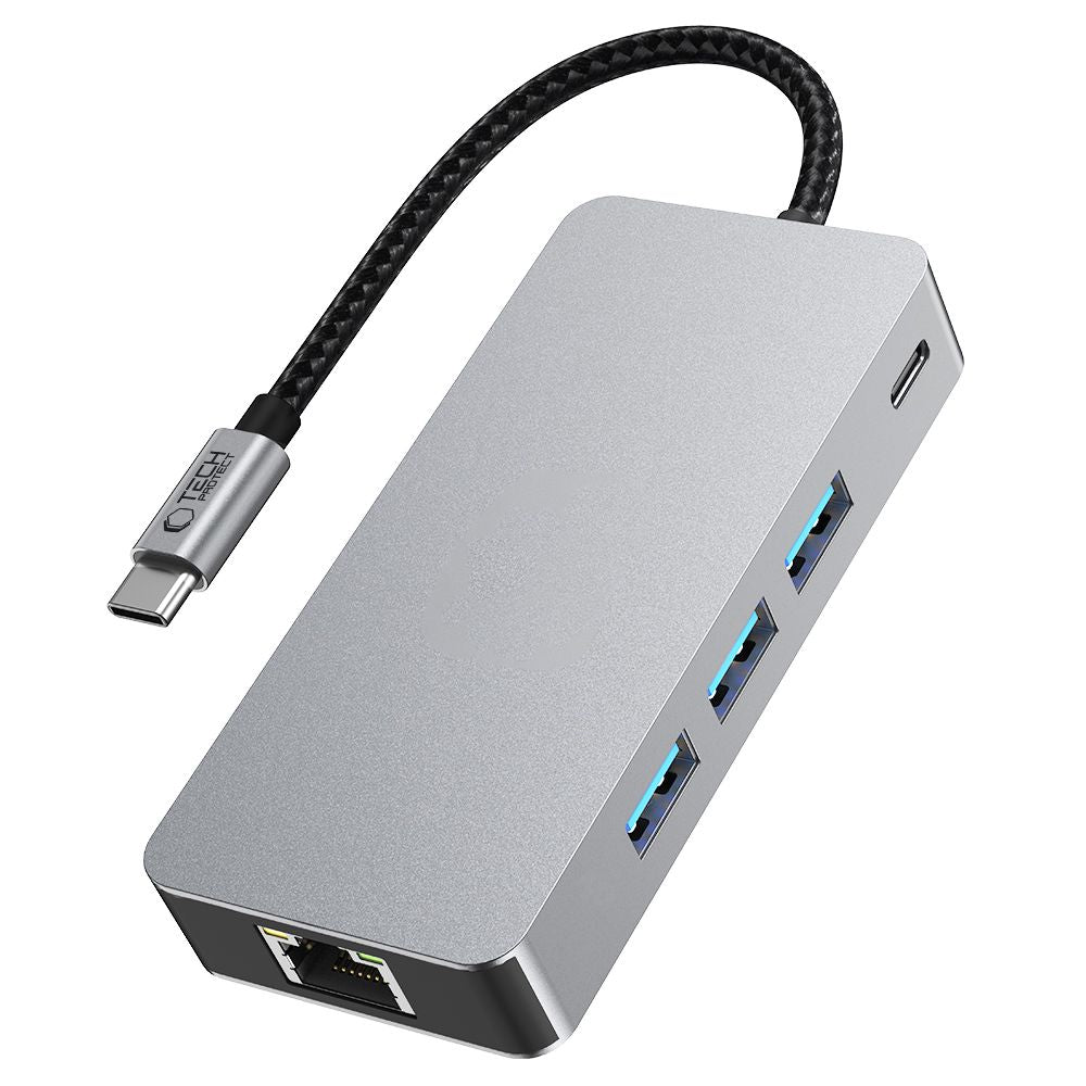 Tech-Protect HB05 HUB 9in1 USB-C + USB2.0 + USB3.0 + HDMI 4K 60HZ + SD / TF + PD100W + RJ45 adapteris - pilkas -- USB...