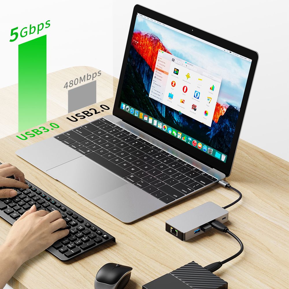 Tech-Protect HB05 HUB 9in1 USB-C + USB2.0 + USB3.0 + HDMI 4K 60HZ + SD / TF + PD100W + RJ45 adapteris - pilkas -- USB...