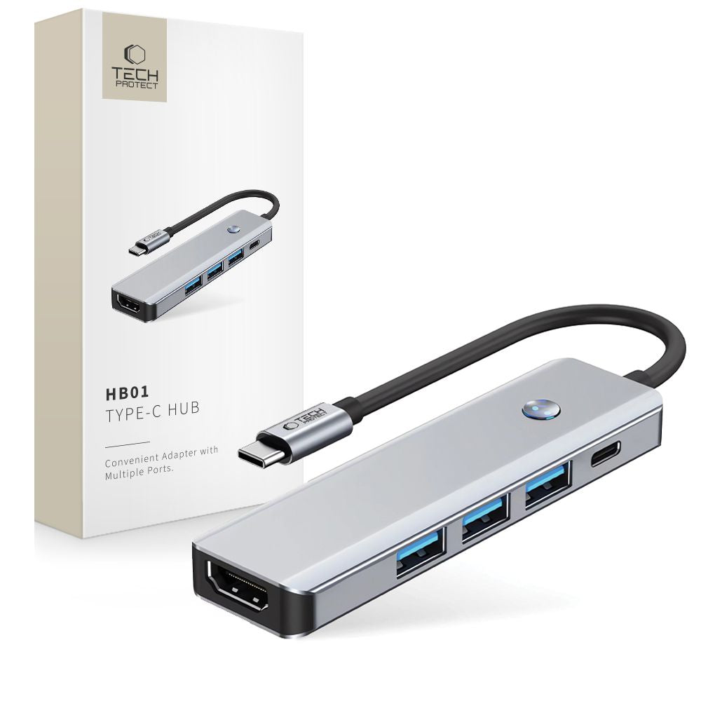 Tech-Protect HB01 HUB adapteris 5in1 USB-C + USB3.0 + HDMI 4K 60Hz + PD100W - pilka -- USB Adapters