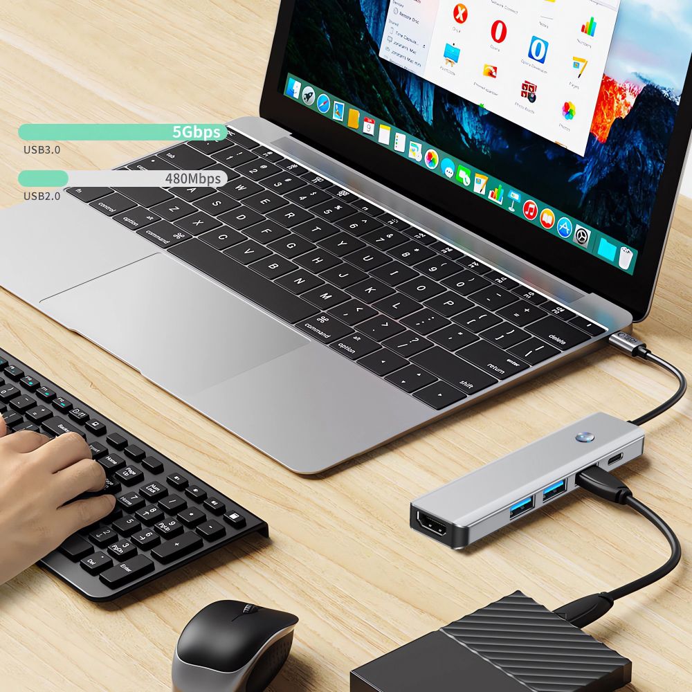 Tech-Protect HB01 HUB adapteris 5in1 USB-C + USB3.0 + HDMI 4K 60Hz + PD100W - pilka -- USB Adapters