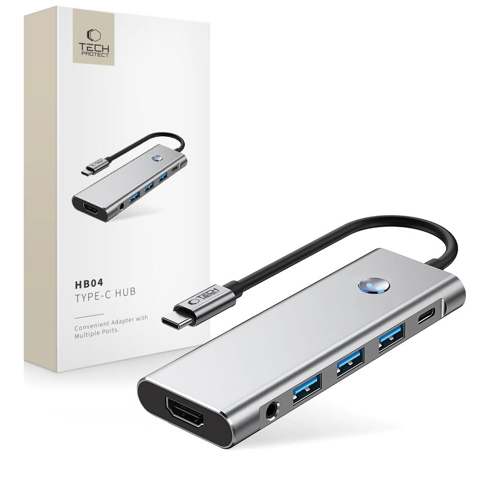 Tech-Protect HB04 HUB adapteris 9in1 USB-C + USB2.0 + USB3.0 + HDMI 4K 60Hz + SD / TF + PD100W + AV3.5 - pilka -- USB...