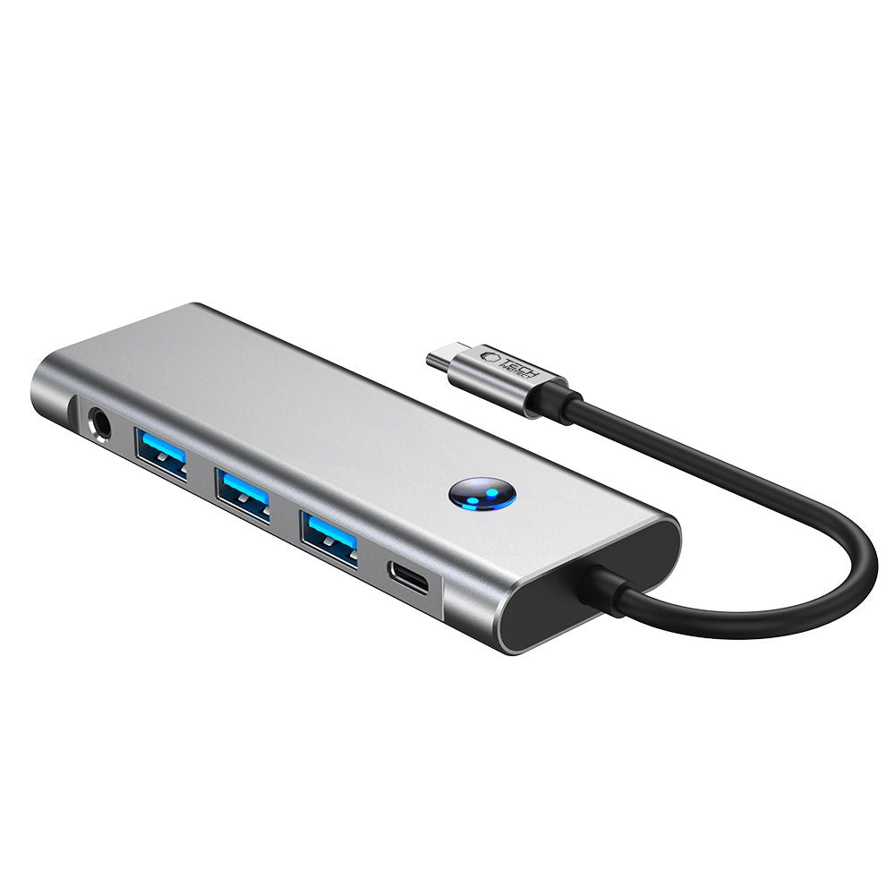 Tech-Protect HB04 HUB adapteris 9in1 USB-C + USB2.0 + USB3.0 + HDMI 4K 60Hz + SD / TF + PD100W + AV3.5 - pilka -- USB...