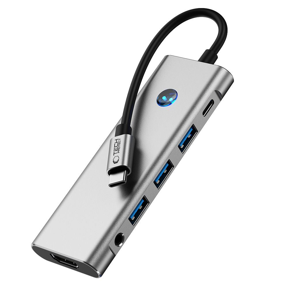 Tech-Protect HB04 HUB adapteris 9in1 USB-C + USB2.0 + USB3.0 + HDMI 4K 60Hz + SD / TF + PD100W + AV3.5 - pilka -- USB...