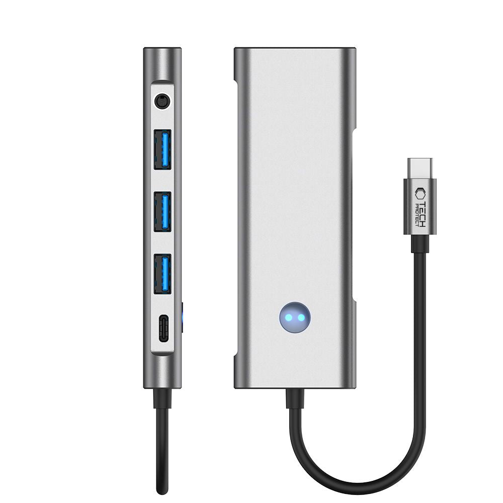 Tech-Protect HB04 HUB adapteris 9in1 USB-C + USB2.0 + USB3.0 + HDMI 4K 60Hz + SD / TF + PD100W + AV3.5 - pilka -- USB...