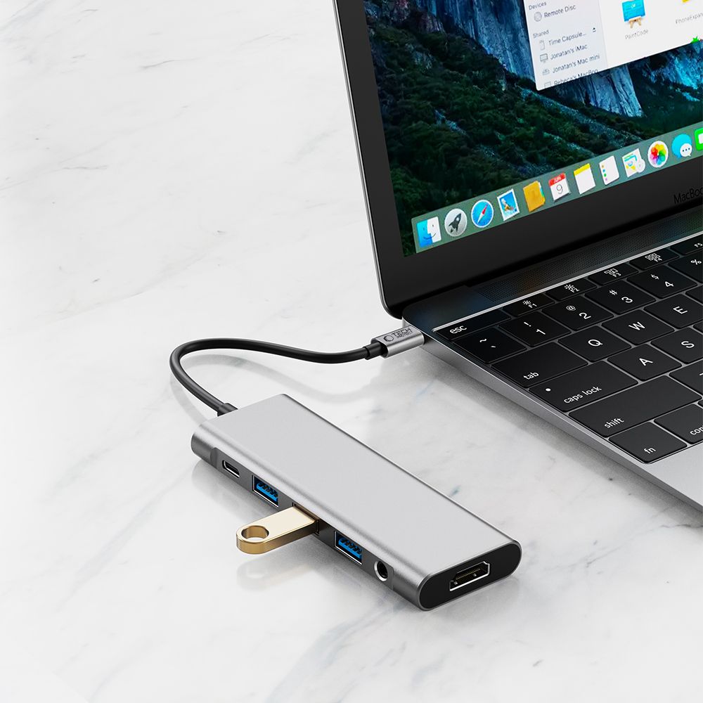 Tech-Protect HB04 HUB adapteris 9in1 USB-C + USB2.0 + USB3.0 + HDMI 4K 60Hz + SD / TF + PD100W + AV3.5 - pilka -- USB...