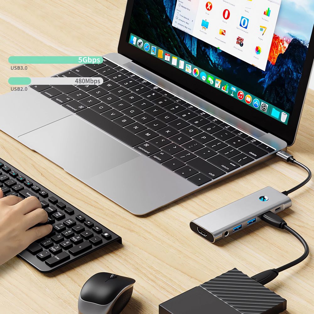 Tech-Protect HB04 HUB adapteris 9in1 USB-C + USB2.0 + USB3.0 + HDMI 4K 60Hz + SD / TF + PD100W + AV3.5 - pilka -- USB...