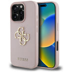 Guess Grained 4G dėklas iPhone 16 Pro – rožinis