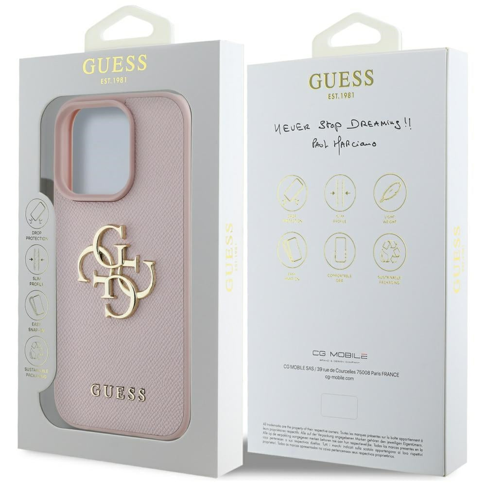 Guess Grained 4G dėklas iPhone 16 Pro – rožinis