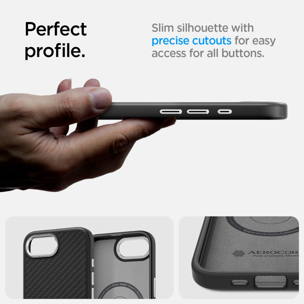 Spigen Enzo Aramid MagSafe dėklas iPhone 16e – juodas