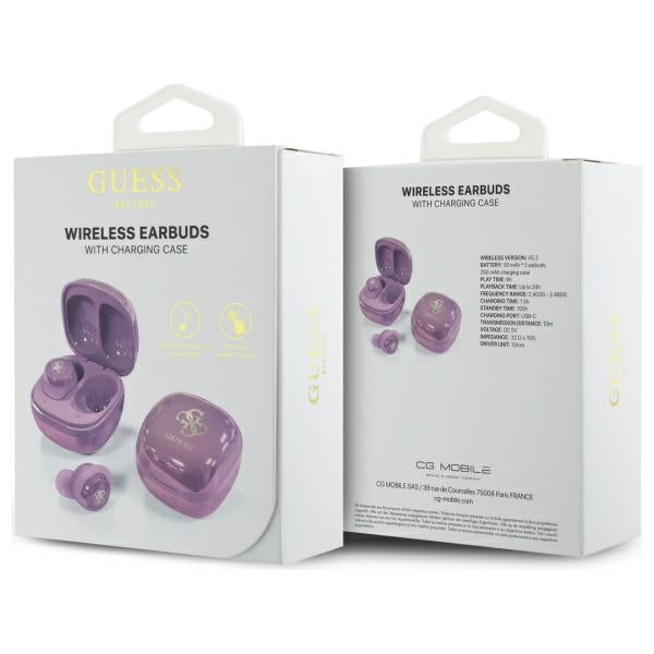 Guess 4G spausdintas logotipas Bluetooth TWS ausinės + prijungimo stotelė - violetinė
