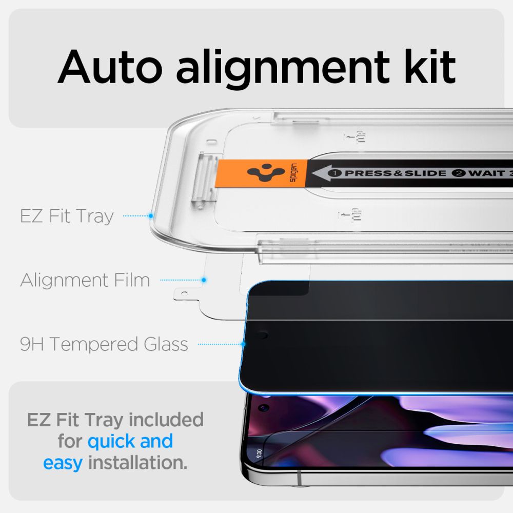 Spigen EZ Fit privatumo stiklas Pixel 9/9 Pro (2 vnt.)