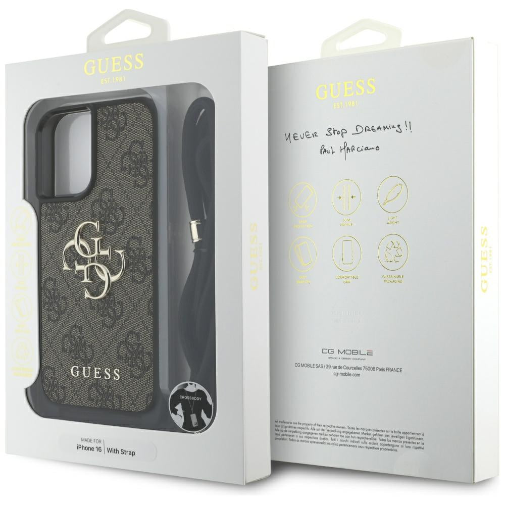 Guess 4G dėklas su dirželiu iPhone 16 – rudas