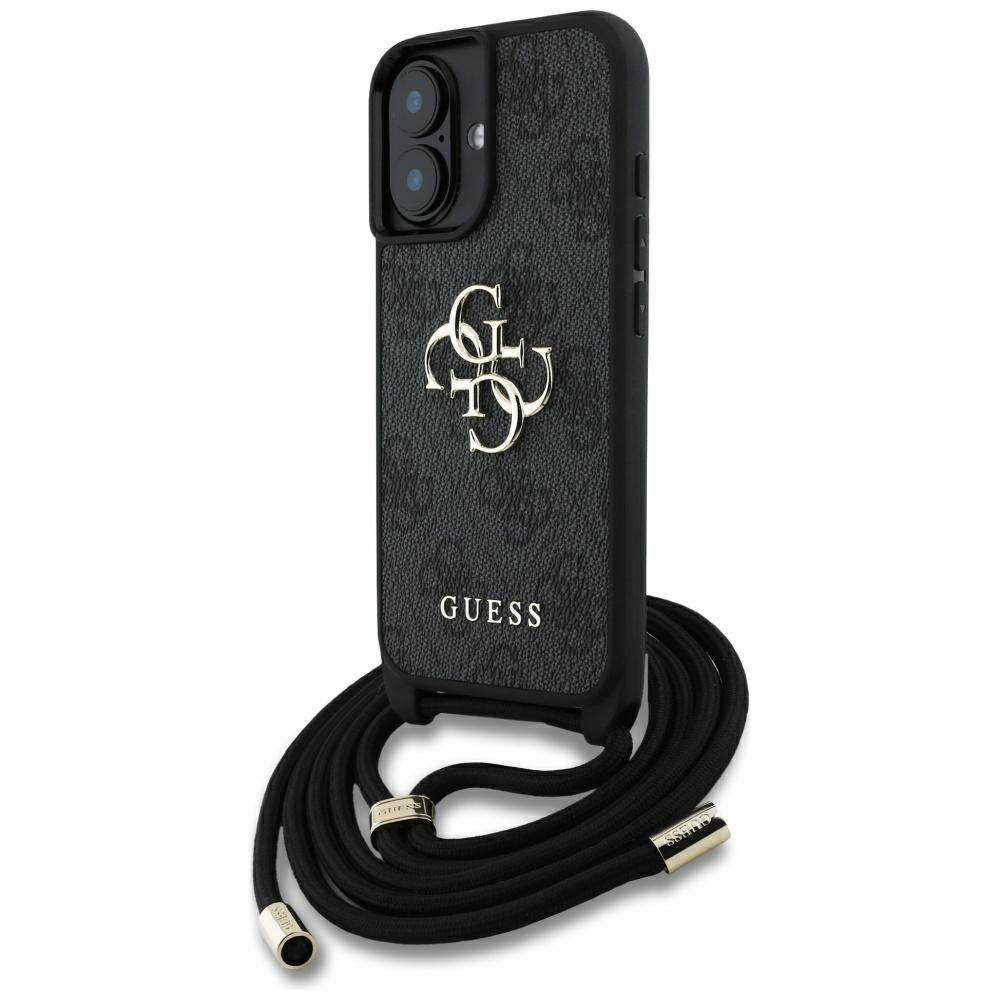 Guess 4G dėklas iPhone 16 – juodas su dirželiu