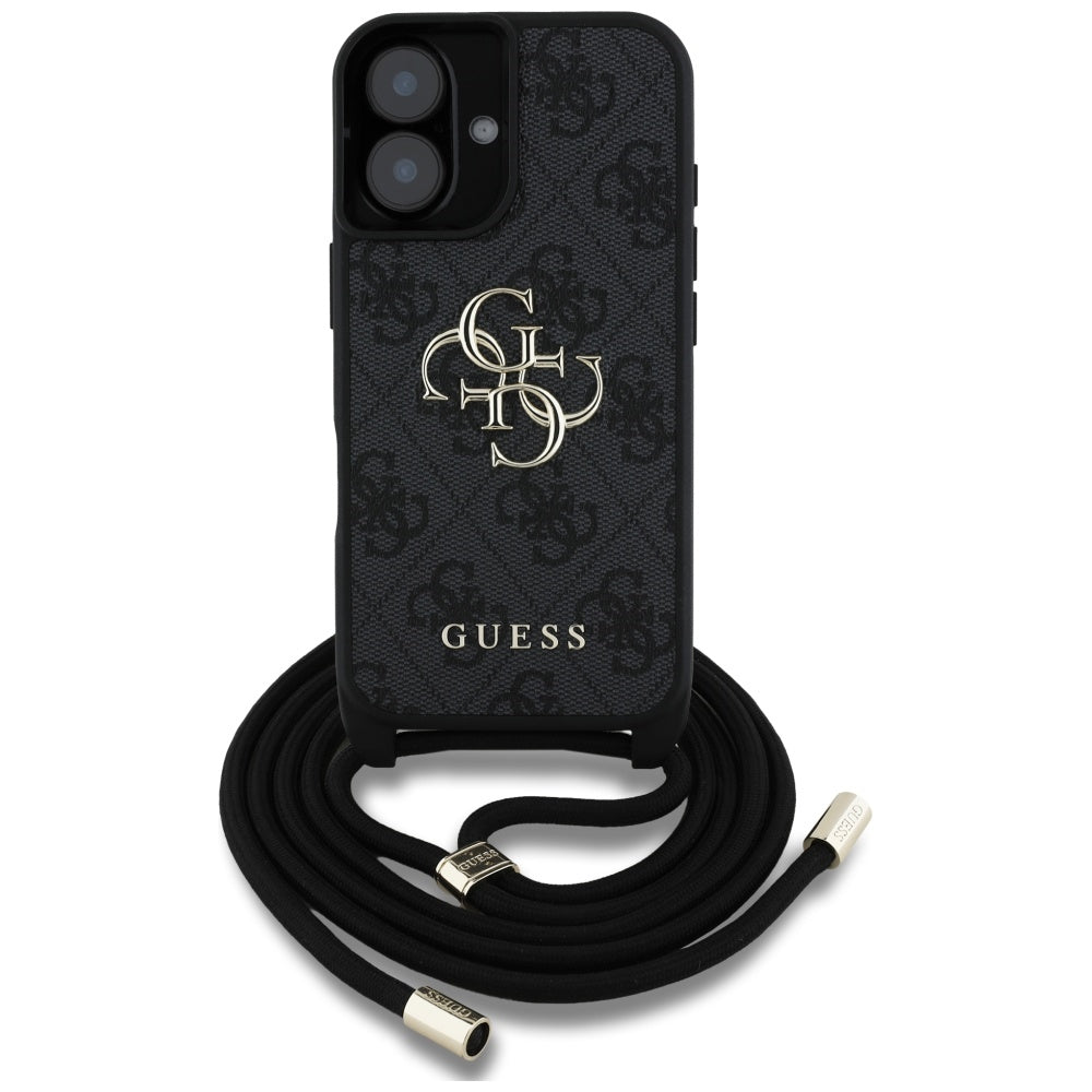 Guess 4G dėklas iPhone 16 – juodas su dirželiu