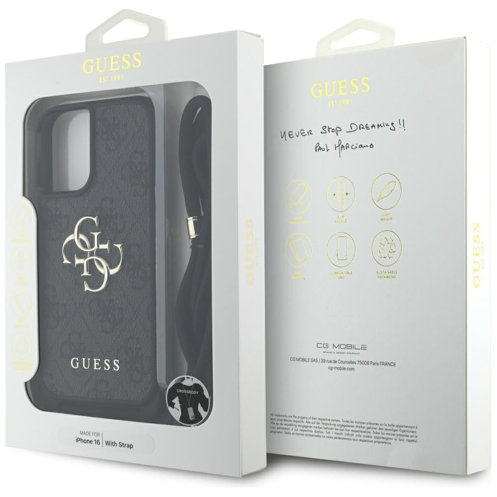 Guess 4G dėklas iPhone 16 – juodas su dirželiu