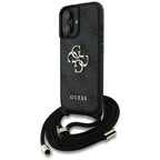 Guess 4G dėklas iPhone 16 Plus – juodas su dirželiu