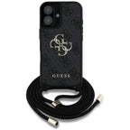Guess 4G dėklas iPhone 16 Plus – juodas su dirželiu